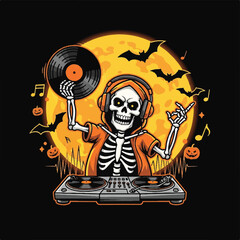 Skeleton DJ with Vinyl Record on a DJ Turntable, Halloween Themed Graphic.