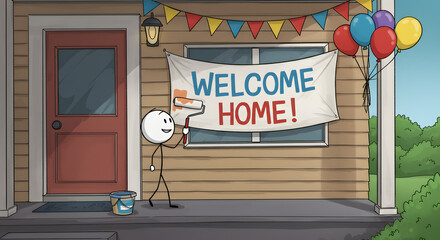 Cartoon Stick Figure Painting 'Welcome Home!' Banner on Porch with Balloons & Bunting