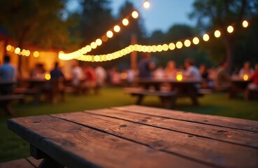 Rustic wooden table in a backyard setting at twilight. Outdoor party scene with blurred guests and festive string lights overhead. Ideal for cookouts, gatherings, or summer celebrations.
