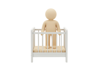 Isolated figure standing in a child's crib, baby bed, showing scale, nursery room