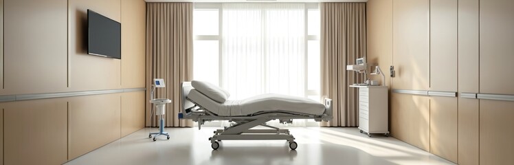 Modern hospital room with adjustable bed, medical equipment, large windows. Clean, calming atmosphere with beige wood-paneled walls. Natural light streams through sheer curtains, creating serene