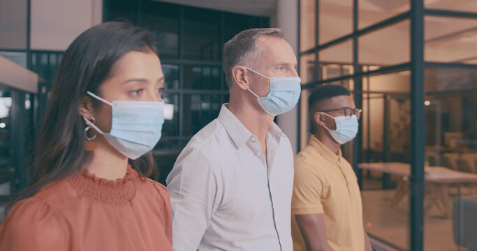 Row, people and meeting with face mask in office for social distance, compliance and safety. Team, staff and waiting room of health protocol, workplace ppe and policy to stop virus of risk management