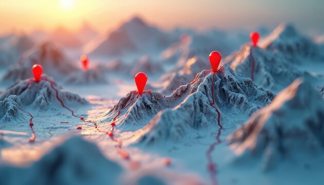 3D map visualizes geospatial analysis with location pins, network lines on snowy terrain. Technology software application displays geographic information system data, terrain topography, connection