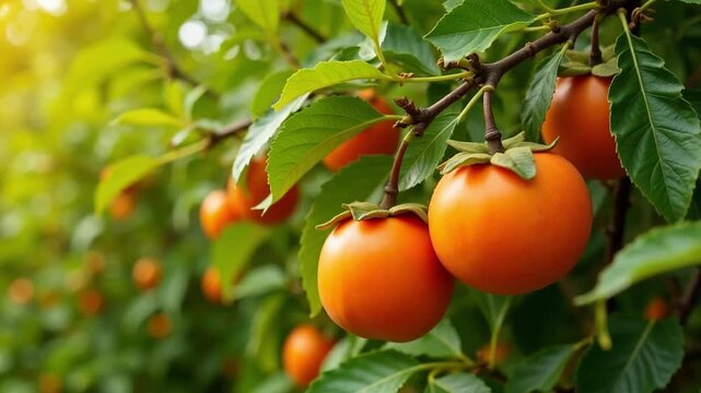 Vibrant persimmons hanging from lush green branches in gentle breeze, a stunning 4k video showcasing nature's beauty and autumn harvest.
