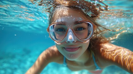 Fototapeta premium Smiling person underwater snorkeling