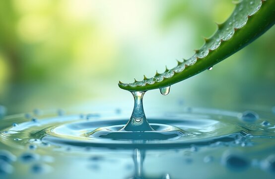 Aloe vera leaf drips juice into clear water, creating ripples. Macro view of refreshing liquid, symbolizing hydration, purity, wellness. Green botanical herb for natural skincare, organic health.