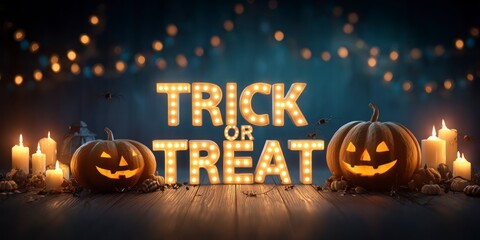 Halloween Trick or Treat scene on rustic wooden table