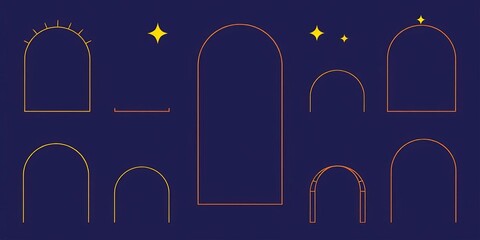 Minimalist geometric frame set; stars, arches, lines, vector, aesthetic, poster, modern, design, shapes, linear, frames, collection,  set,  illustration