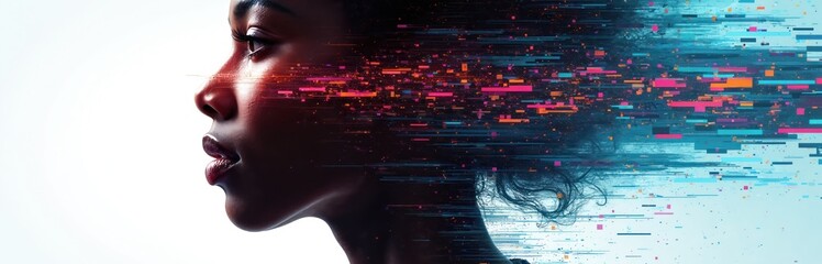 Illustration features profile of Black woman dissolving into digital data streams. Vibrant colors like pink, orange, blue form abstract lines. Visual represents systemic racism challenges, AI bias,