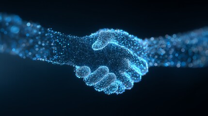 A futuristic depiction of a handshake formed from glowing blue particles and interconnected lines, symbolizing agreement, collaboration, and digital connection in a modern context.