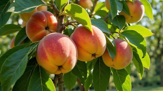 Ripe, juicy peaches hanging from lush green branches, gently swaying in a summer breeze, capturing the essence of nature's bounty in 4K video.