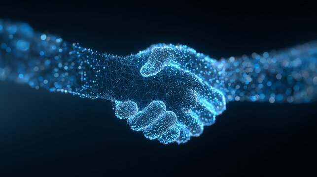 A futuristic depiction of a handshake formed from glowing blue particles and interconnected lines, symbolizing agreement, collaboration, and digital connection in a modern context.
