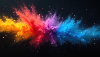 Fototapeta premium Vibrant rainbow powder explosion bursts with blue purple yellow and red ink paint against black background. Dynamic smoke fire flames effect creates galaxy star cosmos fantasy mystical dream.