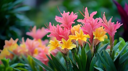 Fototapeta premium Pink and yellow flowers in a natural spring garden bloom