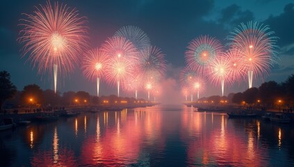 Fototapeta premium Golden fireworks explode above an illuminating night sky with sparkling reflections. This high-resolution scene captures the excitement and grandeur of festivals.