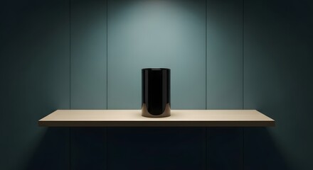 Sleek Black Cylinder on Minimalist Shelf - Product Display Mockup
