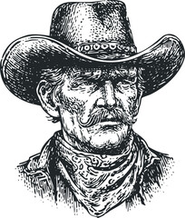 Black and White Woodcut Portrait of a Determined Cowboy with Bandana and Hat