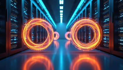 Abstract digital energy flows in data center with glowing orange particle effects, blue server racks. Futuristic scene represents technology, networking, innovation with swirling light creating