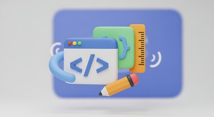 3d rendering of coding elements including a browser window, brackets, ruler, and pencil