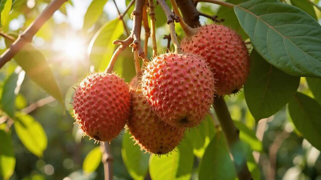 Sun-kissed lychees hanging heavy on orchard tree branches, glowing with vibrant color in the warm daylight, ready for harvest.