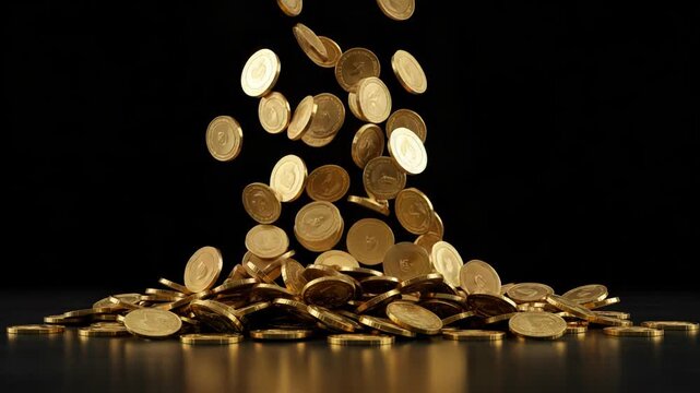 A cascade of shiny gold coins falling and accumulating, symbolizing wealth, investment, and financial success