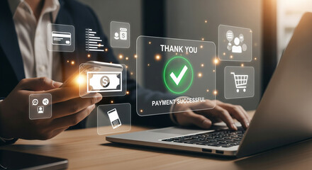 Seamless Digital Payment: This image captures the essence of secure and effortless digital transactions, as a person engages with a laptop.