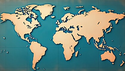Vintage world map illustration with faded continents on textured blue background. Global geography, cartography showcasing interconnectedness. Aged earth representation, aged parchment style.