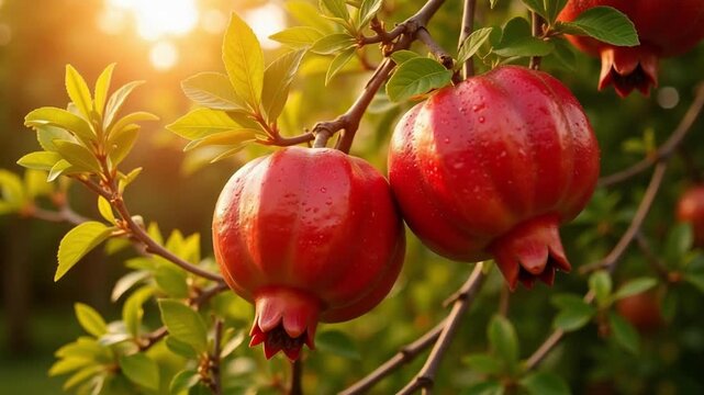 Sun-kissed pomegranates hanging from lush tree branches, bathed in warm sunlight, a vibrant scene of nature's bounty, 4k video footage.