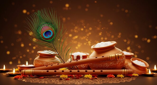 Janmashtami celebration with curd pots, flute, peacock feather and candles.