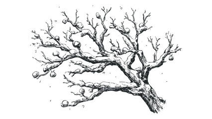 Sketch of a bare winter tree with snow-covered branches and hanging fruit. Vector hand drawn illustration
