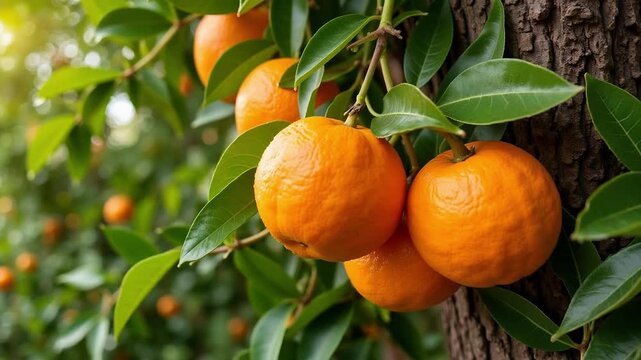 Vibrant sweet oranges hanging from healthy tree branches, a stunning 4k video showcasing natural beauty and fresh fruit for commercial use
