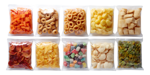 Assorted snacks in individual packages.