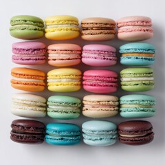 Obraz premium Colorful assortment of macarons arranged in a grid pattern.