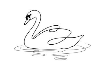 Elegant single line drawing of a graceful swan floating serenely on rippling water creating a minimalist artistic representation