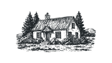 Sketch of a Rustic Wooden Cabin Surrounded by Trees and Foliage. Vector hand drawn illustration