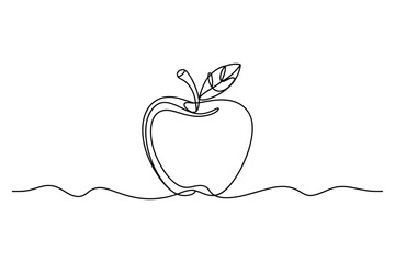 Minimalist continuous line drawing of a fresh apple with a stem and leaf on a wavy ground line