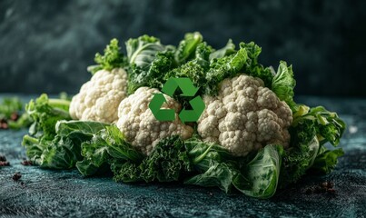 Fresh cauliflower with a green recycling symbol imprinted on its surface, representing sustainable food choices and the zero-waste lifestyle, promoting eco-friendly consumption, Generative AI
