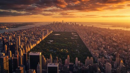 Aerial view of the new york city skyline and central park at sunset, with golden light illuminating the urban landscape - Powered by Adobe