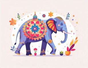 Fototapeta premium Vibrantly decorated blue elephant illustration with intricate mandala patterns and floral motifs, depicting a festive cultural scene.