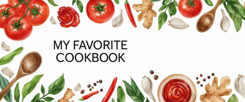 Watercolor cookbook cover featuring tomatoes, garlic, ginger, chili peppers, and basil leaves surrounding the title "My Favorite Cookbook".