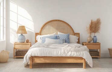 Light wood bed with wicker headboard in bright white bedroom setting, lamps, and vases