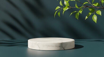 Elegant Marble Product Display Podium with Greenery and Teal Background