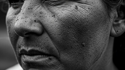 Obraz premium Black and white close-up of an emotional woman with a dirty face.