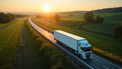 Obraz premium White semi-truck transports goods on rural highway during sunset. Truck moves through green fields. Logistics, supply chain, freight transportation concept.