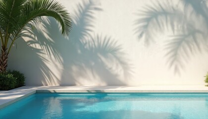 Fototapeta premium Summery tropical scene featuring bright turquoise pool next to modern plaster wall. Palm tree shadows create natural, relaxing ambiance on wall. Luxurious setting evokes tranquil vacation holiday
