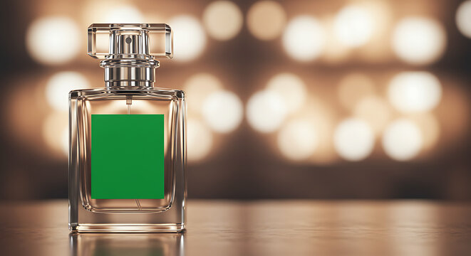 Green screen mockup of a perfume bottle for digital display. Enables easy screen replacement, dynamic device branding, and impactful billboard advertising projects