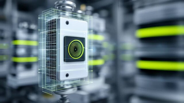 Hydrogen leak detector in crisp focus at center surrounded by softly blurred fuelcell stack elements highlighting realtime safety grid technology in green energy setups.