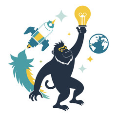 Creative silhouette vector of ambitious startup ape reaching upward with glowing bright idea symbolizing innovation, success, motivation and entrepreneurship