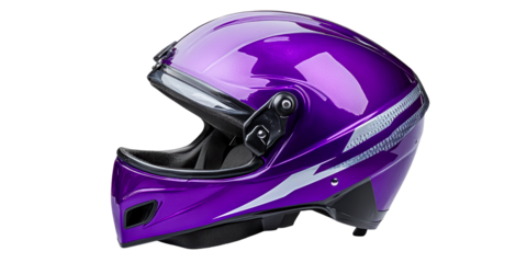Full Face Purple Motorcycle Helmet with Silver Accents, cut out transparent