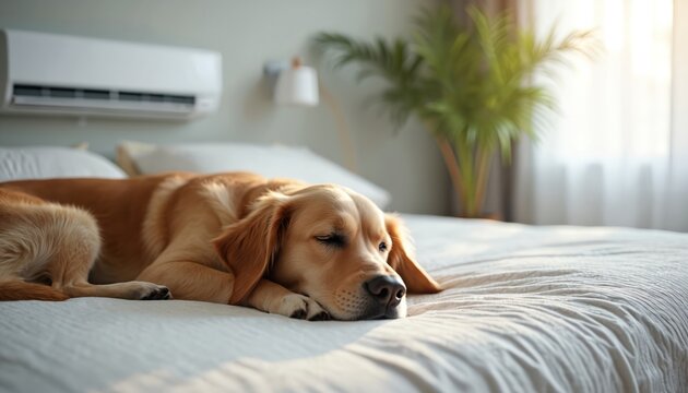 Golden retriever dog sleeps peacefully on cozy bed in bright room with air conditioner. Enjoying comfort, tranquility in modern home, natural light. Domestic pet resting, happy, calm, serene.